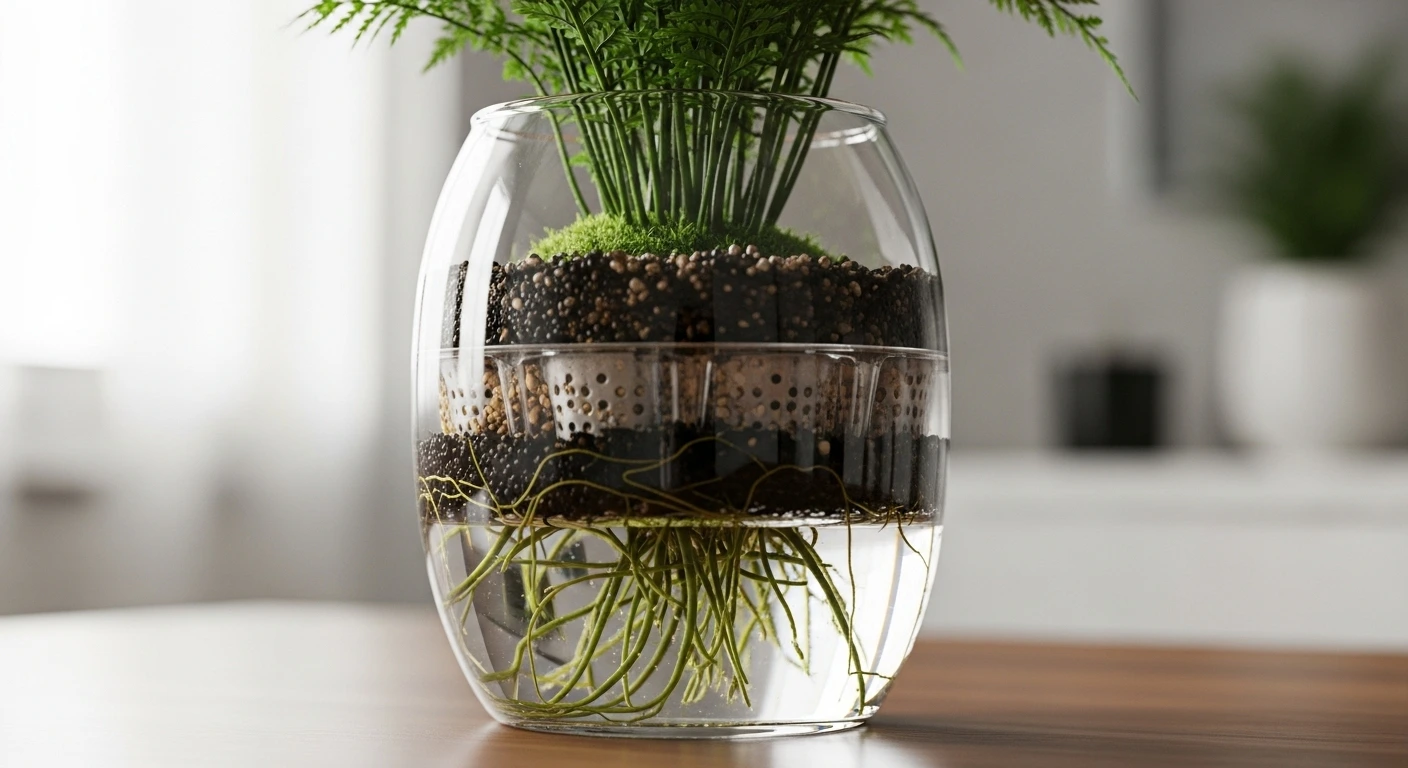 یک گلدان شیشه‌ای زیبا (وازودا چیچک) حاوی یک گیاه سبز شاداب، که ریشه‌های سالم و لایه‌های خاک از طریق شیشه شفاف آن به وضوح دیده می‌شود